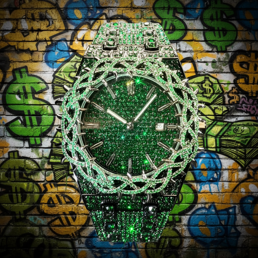 Hip-Hop Mens Watch With Green Full-Covering Zircon Inlays
